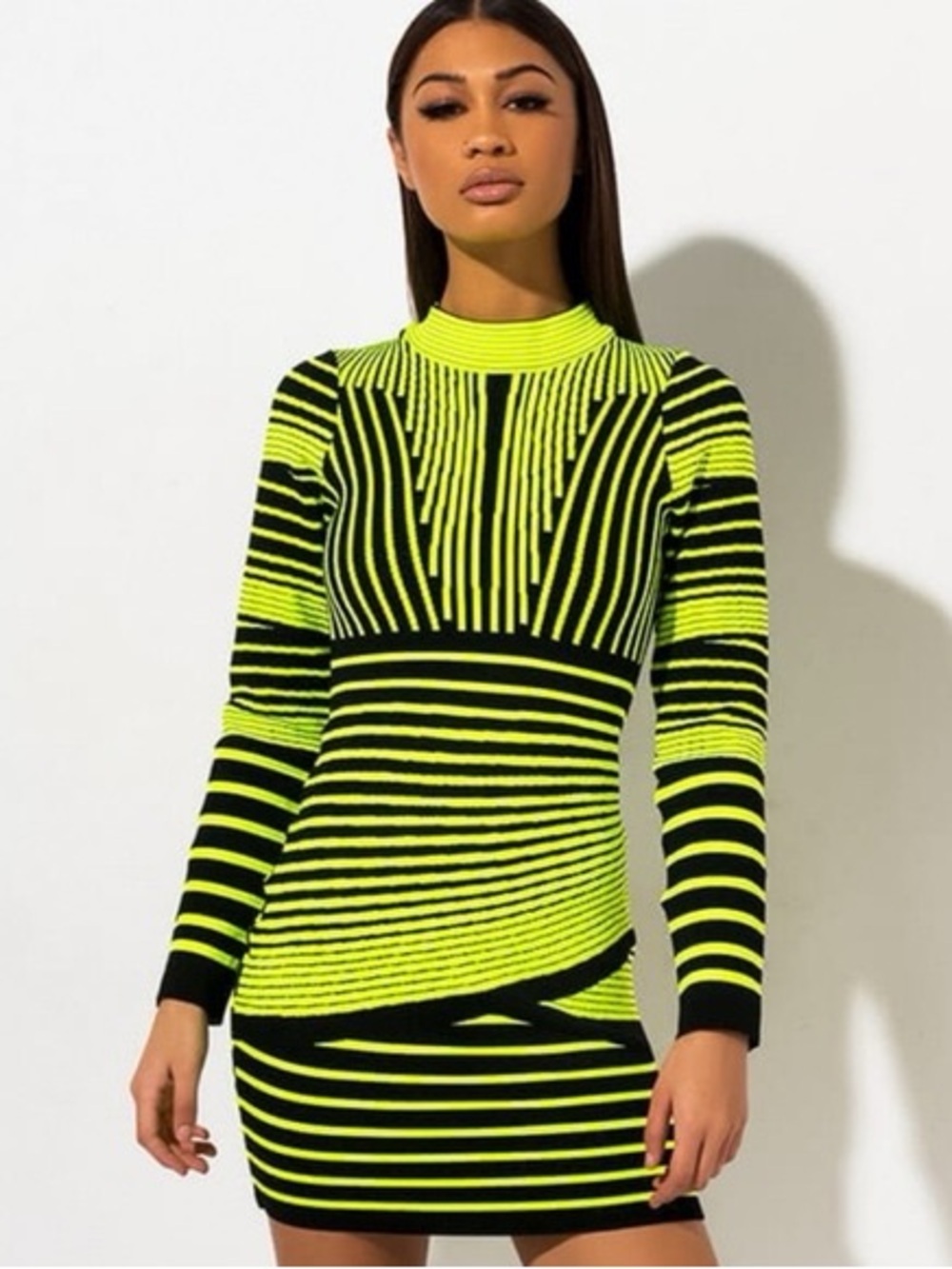 Neon Yellow and Black Striped Bodycon Dress